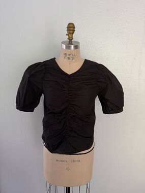 H&M Black Ruched V-Neck Puff Sleeve Blouse